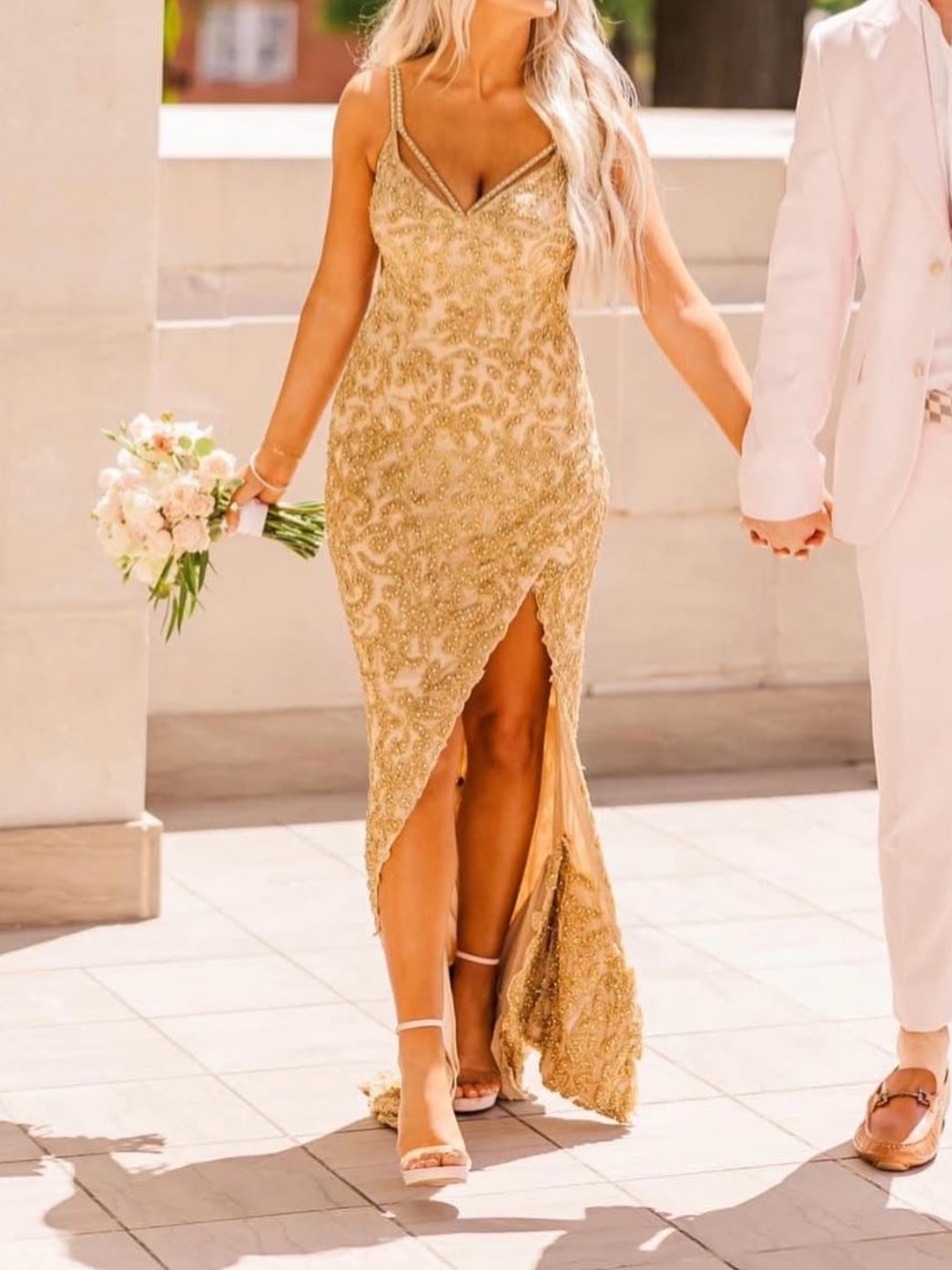 Sherri Hill Gold Beaded V-Neck Gown